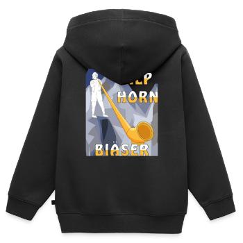 ALPHORN BLÄSER - Kinder Premium Organic Zip Hoodie - Schwarz - Hinten - AI Model Kid Male (0cm)