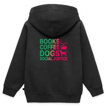 Bücher und Kaffee und Hunde und soziale Gerechtigkeit - Kinder Premium Organic Zip Hoodie - Schwarz - Hinten - AI Model Kid Male (0cm)
