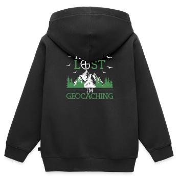 Je ne suis pas perdu, je géocache - Sweat Premium à capuche zippé enfant bio - noir - Dos - AI Model Kid Male (0cm)