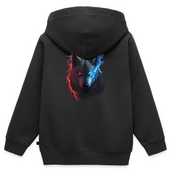 Loup foudroyant rouge et bleu - Sweat Premium à capuche zippé enfant bio - noir - Dos - AI Model Kid Male (0cm)