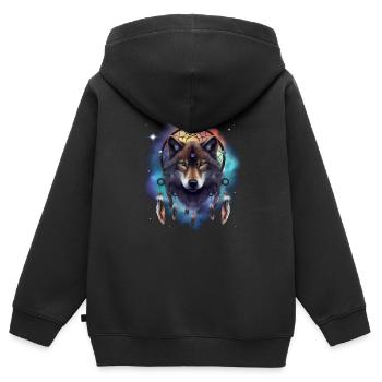 Wolf Galaxy Dream Catcher Plumes spirituelles Wolf - Sweat Premium à capuche zippé enfant bio - noir - Dos - AI Model Kid Male (0cm)