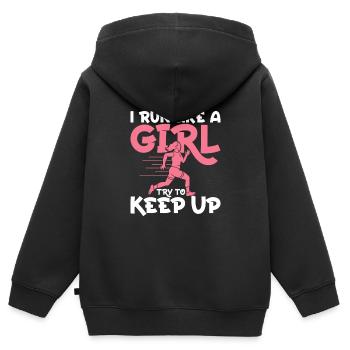 Je cours comme une fille Essaie de suivre Marathon Trail Ru - Sweat Premium à capuche zippé enfant bio - noir - Dos - AI Model Kid Male (0cm)