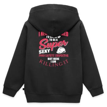 Inspecteur de la salubrité des aliments - Sweat Premium à capuche zippé enfant bio - noir - Dos - AI Model Kid Male (0cm)