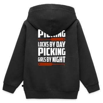 Cueillir des serrures par jour Cueillir les filles par nuit Serrures - Sweat Premium à capuche zippé enfant bio - noir - Dos - AI Model Kid Male (0cm)