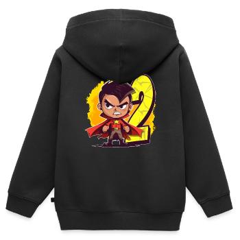 Super-héros de 2 ans et fête d’anniversaire d’enfants d’action - Sweat Premium à capuche zippé enfant bio - noir - Dos - AI Model Kid Male (0cm)