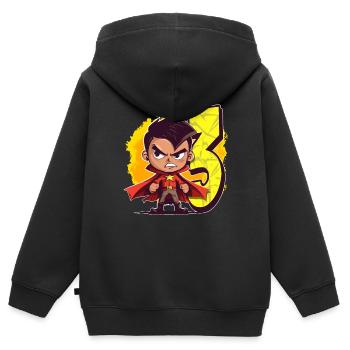 Super-héros de 3 ans et fête d’anniversaire d’action pour enfants - Sweat Premium à capuche zippé enfant bio - noir - Dos - AI Model Kid Male (0cm)