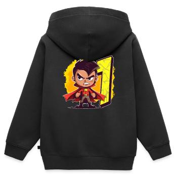 1 an Super-héros et Action Fête d’anniversaire des enfants - Sweat Premium à capuche zippé enfant bio - noir - Dos - AI Model Kid Male (0cm)