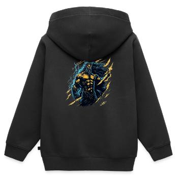 Zeus, Gott des Donners und Blitzes, hält ein Licht in der Hand - Kinder Premium Organic Zip Hoodie - Schwarz - Hinten - AI Model Kid Male (0cm)
