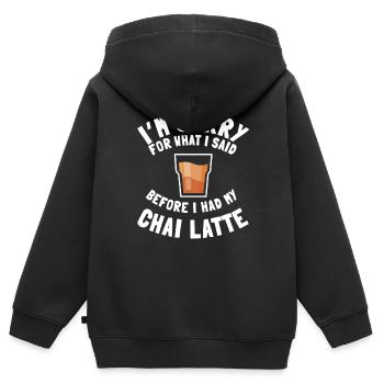 Chai Latte Citation Amour Thé Chai épicé - Sweat Premium à capuche zippé enfant bio - noir - Dos - AI Model Kid Male (0cm)