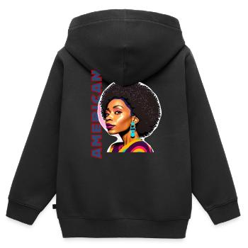 Schwarze Frau mit Schriftzug American - Kinder Premium Organic Zip Hoodie - Schwarz - Hinten - AI Model Kid Male (0cm)