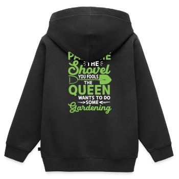 Spade ici, imbécile, la reine veut jardiner - Sweat Premium à capuche zippé enfant bio - noir - Dos - AI Model Kid Male (0cm)
