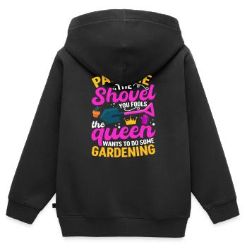 Spade ici, imbécile, la reine veut jardiner - Sweat Premium à capuche zippé enfant bio - noir - Dos - AI Model Kid Male (0cm)