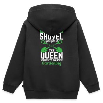 Spade ici, imbécile, la reine veut jardiner - Sweat Premium à capuche zippé enfant bio - noir - Dos - AI Model Kid Male (0cm)
