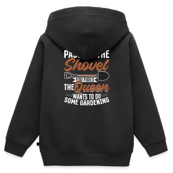 Spade ici, imbécile, la reine veut jardiner - Sweat Premium à capuche zippé enfant bio - noir - Dos - AI Model Kid Male (0cm)
