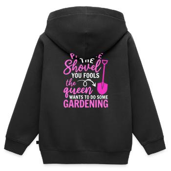 Spade ici, imbécile, la reine veut jardiner - Sweat Premium à capuche zippé enfant bio - noir - Dos - AI Model Kid Male (0cm)