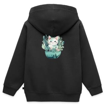 Chat dans les plantes verdâtres en pot de fleurs - Sweat Premium à capuche zippé enfant bio - noir - Dos - AI Model Kid Male (0cm)