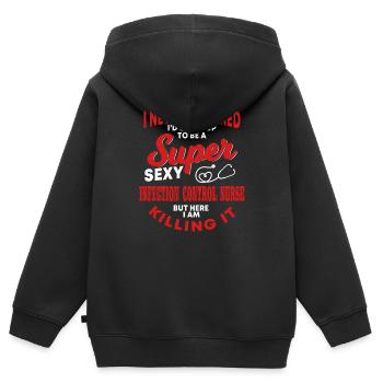 Drôle d’infirmière hygiéniste - Sweat Premium à capuche zippé enfant bio - noir - Dos - AI Model Kid Male (0cm)