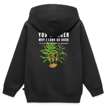 JE SUIS UN BUVEUR SECRET DE THÉ AU GINGEMBRE Ingwertee Ingwer - Sweat Premium à capuche zippé enfant bio - noir - Dos - AI Model Kid Male (0cm)