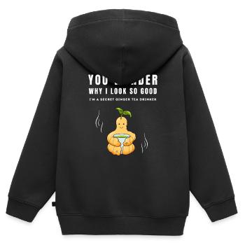 JE SUIS UN BUVEUR SECRET DE THÉ AU GINGEMBRE Ingwertee Ingwer - Sweat Premium à capuche zippé enfant bio - noir - Dos - AI Model Kid Male (0cm)