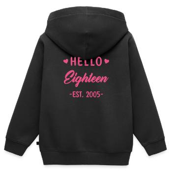 Bonjour dix-huit 2005 18 anniversaire fille - Sweat Premium à capuche zippé enfant bio - noir - Dos - AI Model Kid Male (0cm)