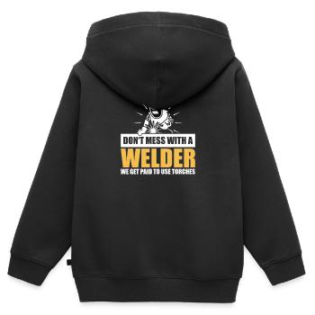 Avertissement au soudeur – Experts avec des torches - Sweat Premium à capuche zippé enfant bio - noir - Dos - AI Model Kid Male (0cm)