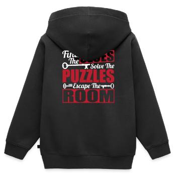 Trouver les indices Résoudre les énigmes Salle d’évasion Chall - Sweat Premium à capuche zippé enfant bio - noir - Dos - AI Model Kid Male (0cm)