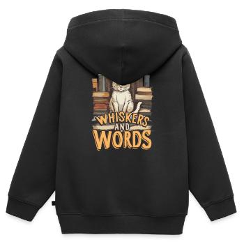 Whiskers and Words': Where curiosity about cosiness - Kids Premium Organic Zip-up Hoodie - black - Back - AI Model Kid Male (0cm)