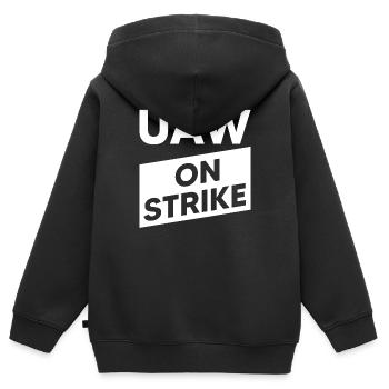 UAW streikt - Gemeinsam für einen starken Vertrag - Kinder Premium Organic Zip Hoodie - Schwarz - Hinten - AI Model Kid Male (0cm)