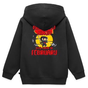 Anniversaire Ninja Février Bday Party Cadeau pour Bday - Sweat Premium à capuche zippé enfant bio - noir - Dos - AI Model Kid Male (0cm)
