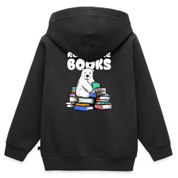 Eisbär liebt Literatur und sitzt auf Bücher - Kinder Premium Organic Zip Hoodie - Schwarz - Hinten - AI Model Kid Male (0cm)
