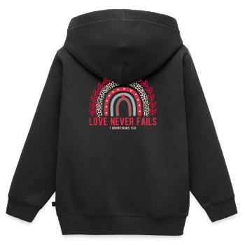 L’amour ne manque jamais arc-en-ciel léopard chrétien - Sweat Premium à capuche zippé enfant bio - noir - Dos - AI Model Kid Male (0cm)