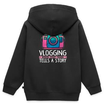 Vlogging où chaque image raconte une histoire - Sweat Premium à capuche zippé enfant bio - noir - Dos - AI Model Kid Male (0cm)