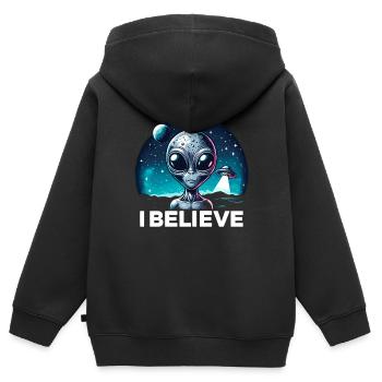 Drôle Alien Alien Croire - Sweat Premium à capuche zippé enfant bio - noir - Dos - AI Model Kid Male (0cm)