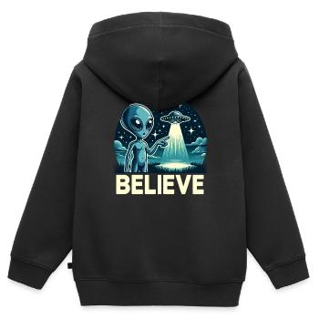 Drôle Alien Alien Croire - Sweat Premium à capuche zippé enfant bio - noir - Dos - AI Model Kid Male (0cm)