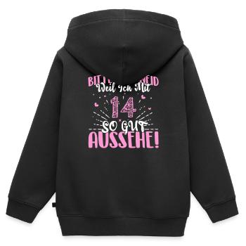 Bitte kein Neid weil ich mit 14 so gut ausseh - Kinder Premium Organic Zip Hoodie - Schwarz - Hinten - AI Model Kid Male (0cm)