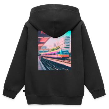 Train Gare du Japon - Sweat Premium à capuche zippé enfant bio - noir - Dos - AI Model Kid Male (0cm)