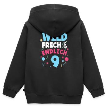Kindergeburtstag T-Shirt Endlich Wild frech - Kinder Premium Organic Zip Hoodie - Schwarz - Hinten - AI Model Kid Male (0cm)