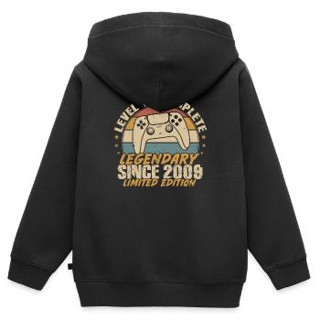 Stufe 15 Komplett legendär seit 2009 - Kinder Premium Organic Zip Hoodie - Schwarz - Hinten - AI Model Kid Male (0cm)