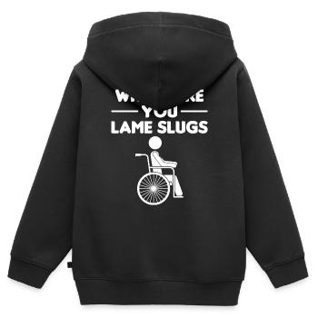 Amputation Überlebende Behinderten Rollstuhlkostüm - Kinder Premium Organic Zip Hoodie - Schwarz - Hinten - AI Model Kid Male (0cm)