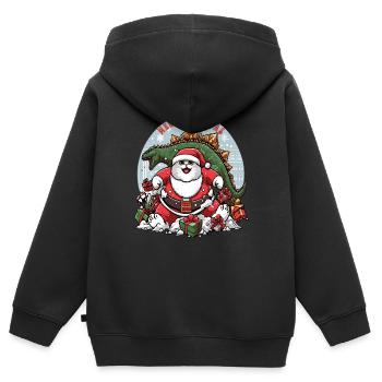 Gros chat comme Père Noël et dinosaure détruisant des cadeaux, - Sweat Premium à capuche zippé enfant bio - noir - Dos - AI Model Kid Male (0cm)