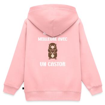Humour petit castor - Sweat Premium à capuche zippé enfant bio - rose - Dos - AI Model Kid Female (0cm)