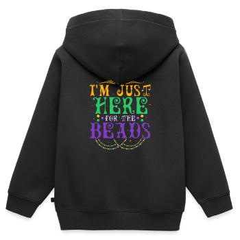 Je suis juste ici pour les perles Carnaval Mardi Gras - Sweat Premium à capuche zippé enfant bio - noir - Dos - AI Model Kid Male (0cm)