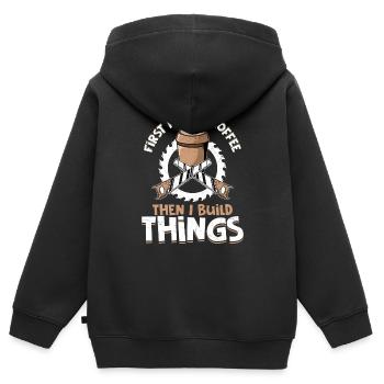 Carpenter's Morning Ritual - Coffee Then Construct - Kinder Premium Organic Zip Hoodie - Schwarz - Hinten - AI Model Kid Male (0cm)