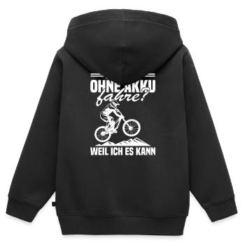 Warum ich ohne akku fahre weil ich es kann - Kinder Premium Organic Zip Hoodie - Schwarz - Hinten - AI Model Kid Male (0cm)