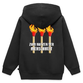 STREICHHOLZ ZUM NUTZEN DER MENSCHHEIT - Kinder Premium Organic Zip Hoodie - Schwarz - Hinten - AI Model Kid Male (0cm)
