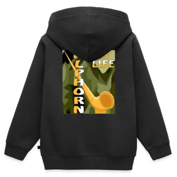 ALPHORN IS LIFE - Kinder Premium Organic Zip Hoodie - Schwarz - Hinten - AI Model Kid Male (0cm)