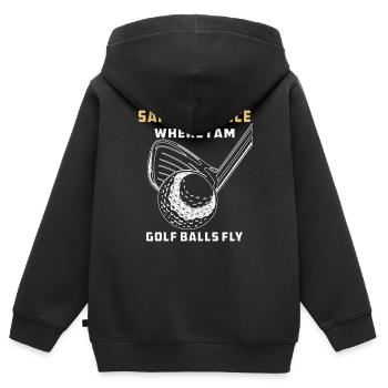 LE GOLF LÀ OÙ JE SUIS, LES BALLES DE GOLF VOLENT - Sweat Premium à capuche zippé enfant bio - noir - Dos - AI Model Kid Male (0cm)