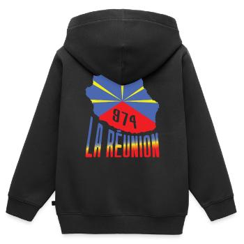 idee cadeau drapeau carte ile de la reunion 974 - Sweat Premium à capuche zippé enfant bio - noir - Dos - AI Model Kid Male (0cm)