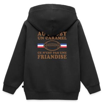 Im Rugby ist ein Karamell kein Genuss - Kinder Premium Organic Zip Hoodie - Schwarz - Hinten - AI Model Kid Male (0cm)