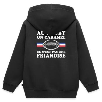 Im Rugby ist ein Karamell kein Genuss - Kinder Premium Organic Zip Hoodie - Schwarz - Hinten - AI Model Kid Male (0cm)